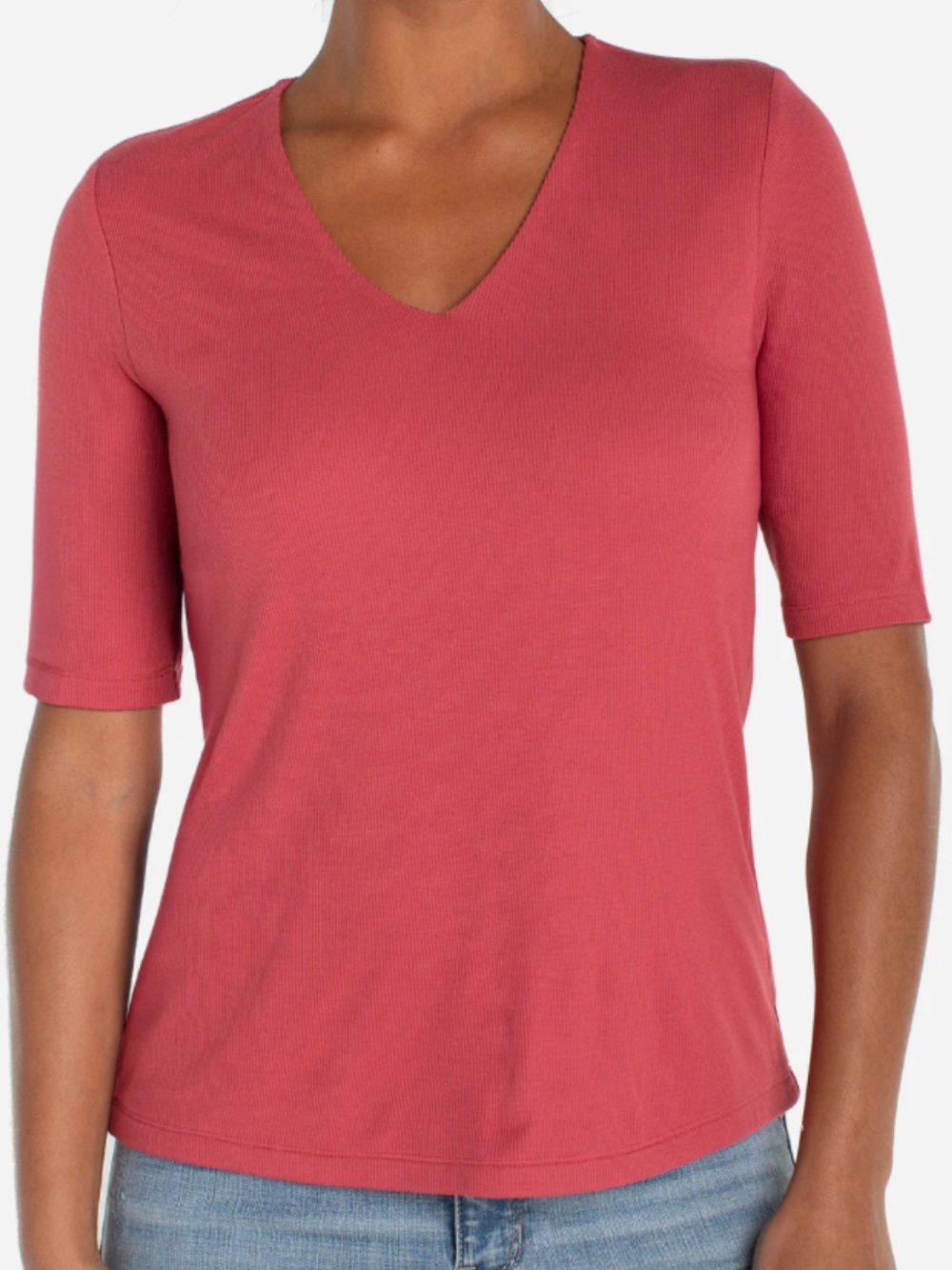 Liverpool Los Angeles Double Layer V-neck Rib Knit Top Garnet Rose XLP